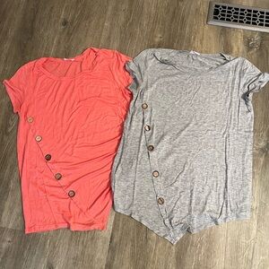 Women's Short Sleeve Button Detail Tops - Coral and Gray